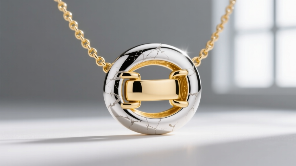 Macro photo of a white gold necklace clasp showing rhodium wear, revealing pale yellow gold alloy beneath the polished surface.