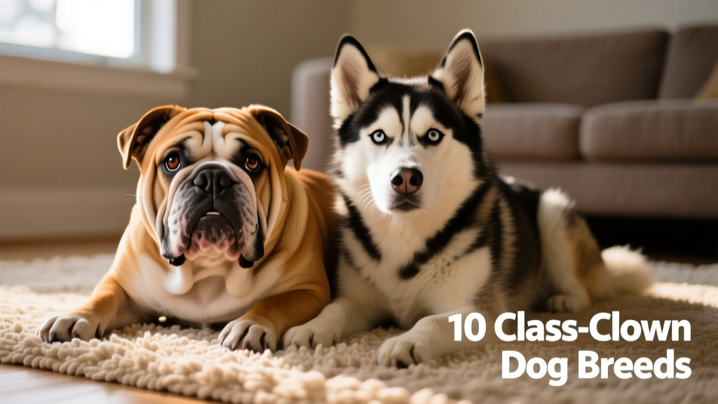 A bulldog and a husky mix lying side-by-side on a rug, both staring intently at the camera with exaggerated, soulful expressions