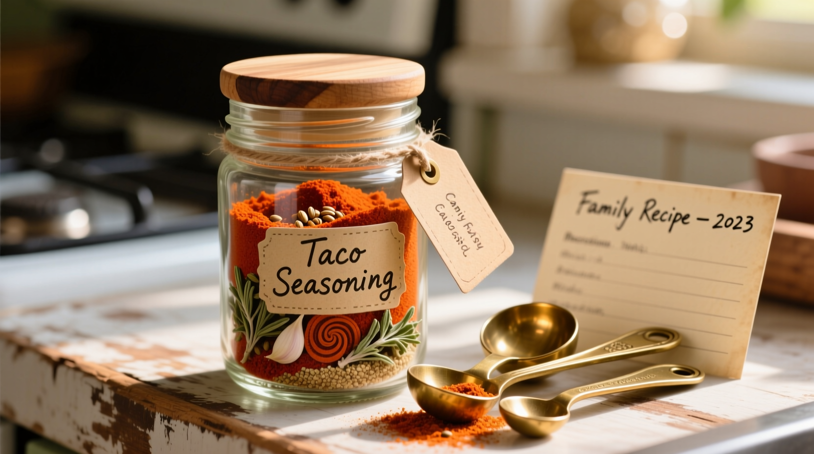 Homemade taco spice in glass jar with measuring spoons
