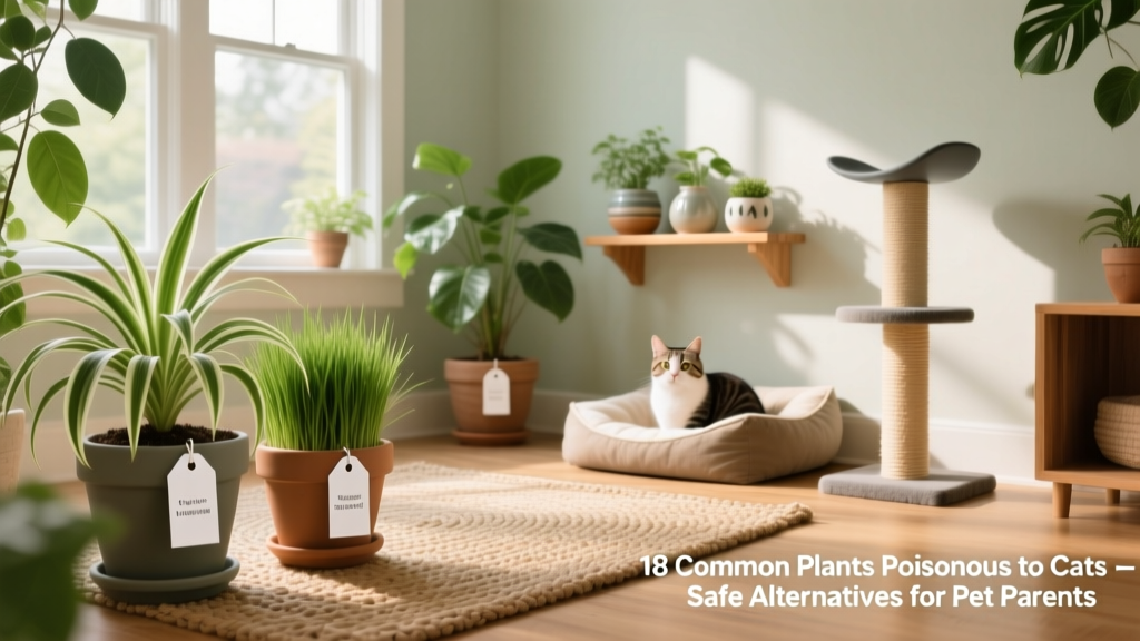 A cat-safe indoor space featuring non-toxic plants like spider plant and cat grass, with clear labels