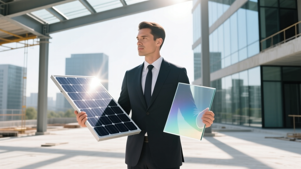 Architect holding a solar-integrated roof shingle and electrochromic smart glass sample on a bright modern construction site