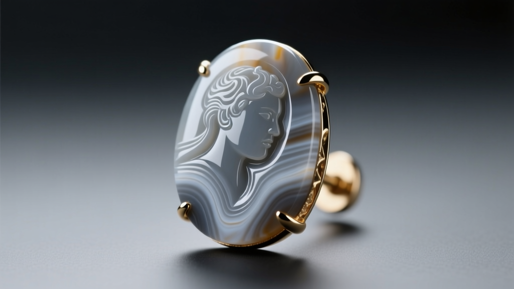 Close-up of a sardonyx agate cameo earring under a loupe, showing sharp undercut carving and a translucent gray background layer.