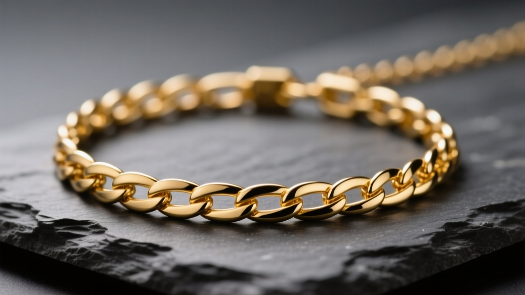 Macro shot of a delicate 14k solid gold herringbone necklace on dark slate, illuminated by soft warm directional studio lighting.