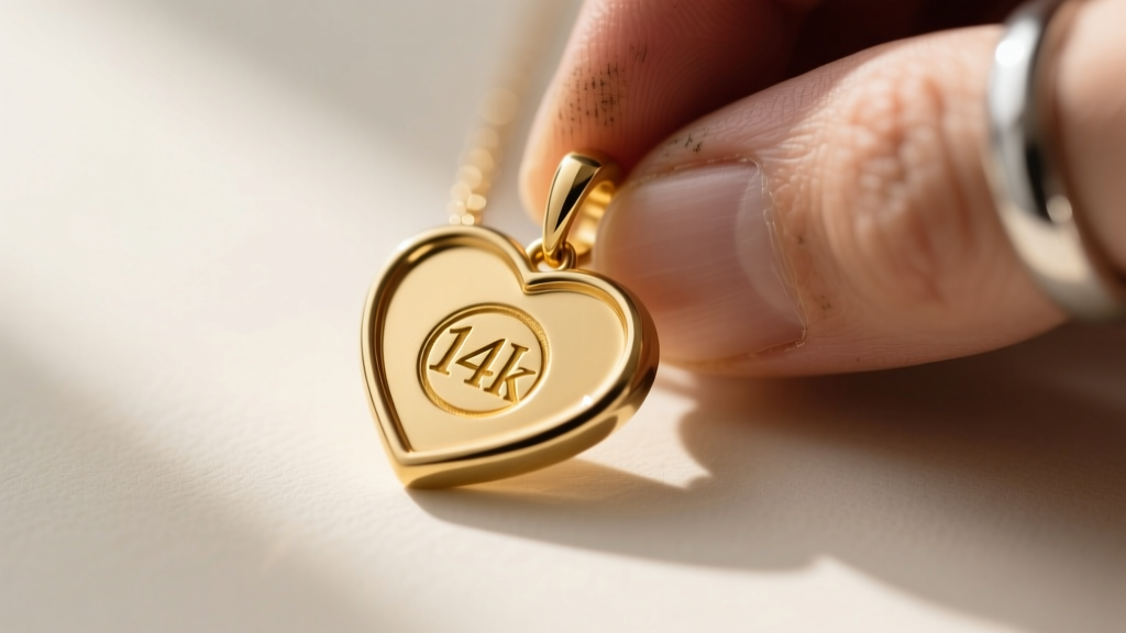 Macro shot of 14k gold hallmark stamp on a flat heart necklace bail, with a jeweler