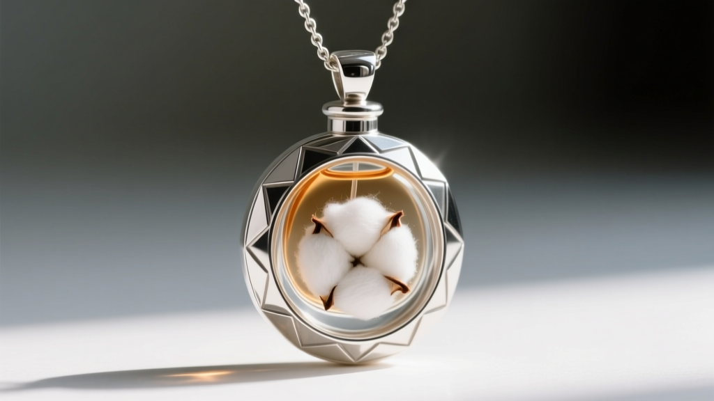 Open mid-century sterling silver perfume pendant necklace revealing the original intact glass liner and a small cotton insert.