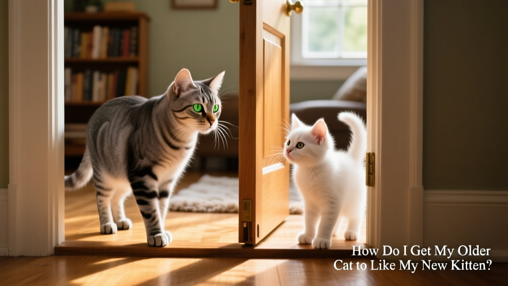 Two cats cautiously observing each other from opposite sides of a slightly open door