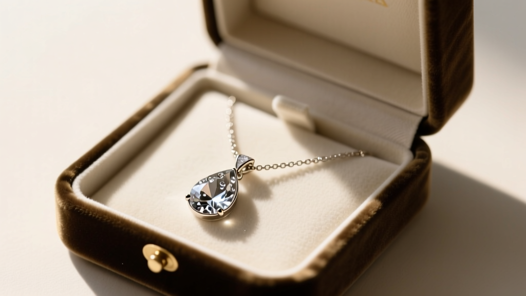 Velvet box showing a dew drop necklace laid flat in an anti-tarnish compartment, highlighting the protected teardrop point