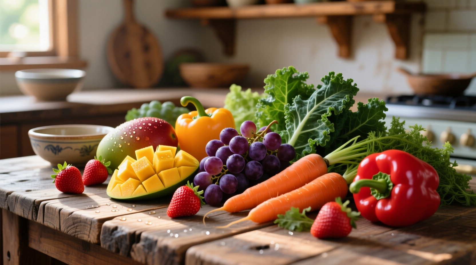 Colorful assortment of whole foods on wooden table