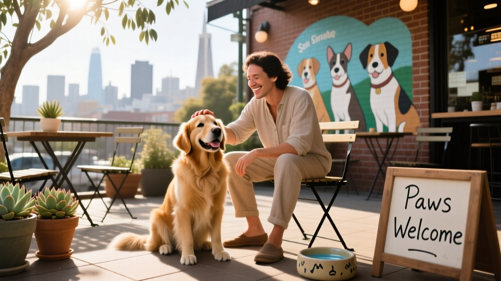 A happy dog sitting beside their owner on a sunny patio at a San Francisco café