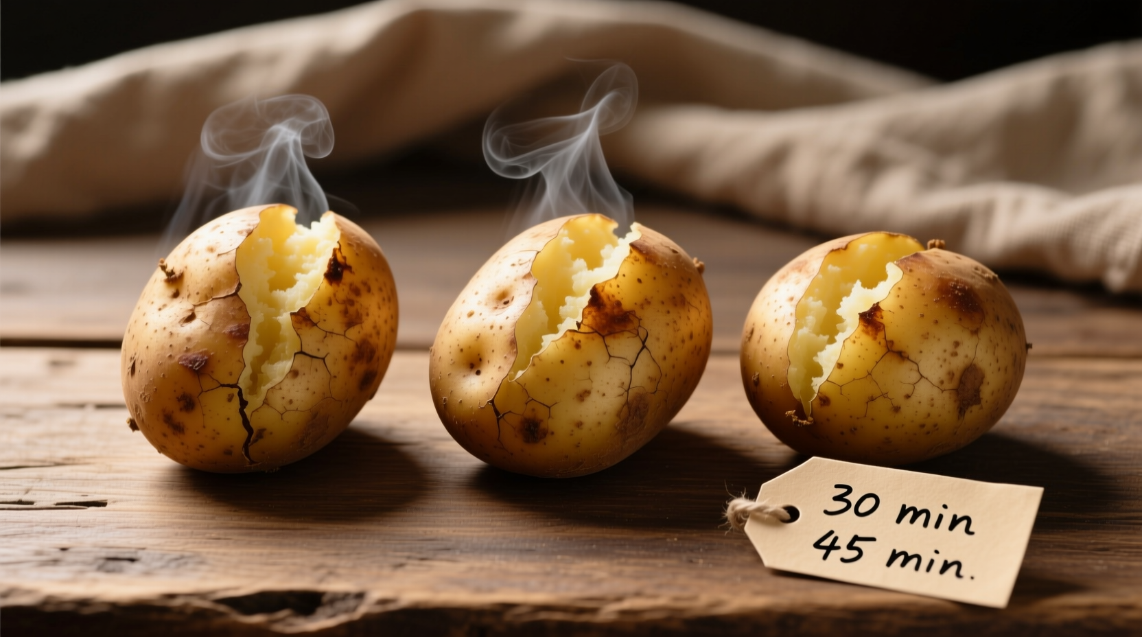 Three perfectly baked russet potatoes with timing labels