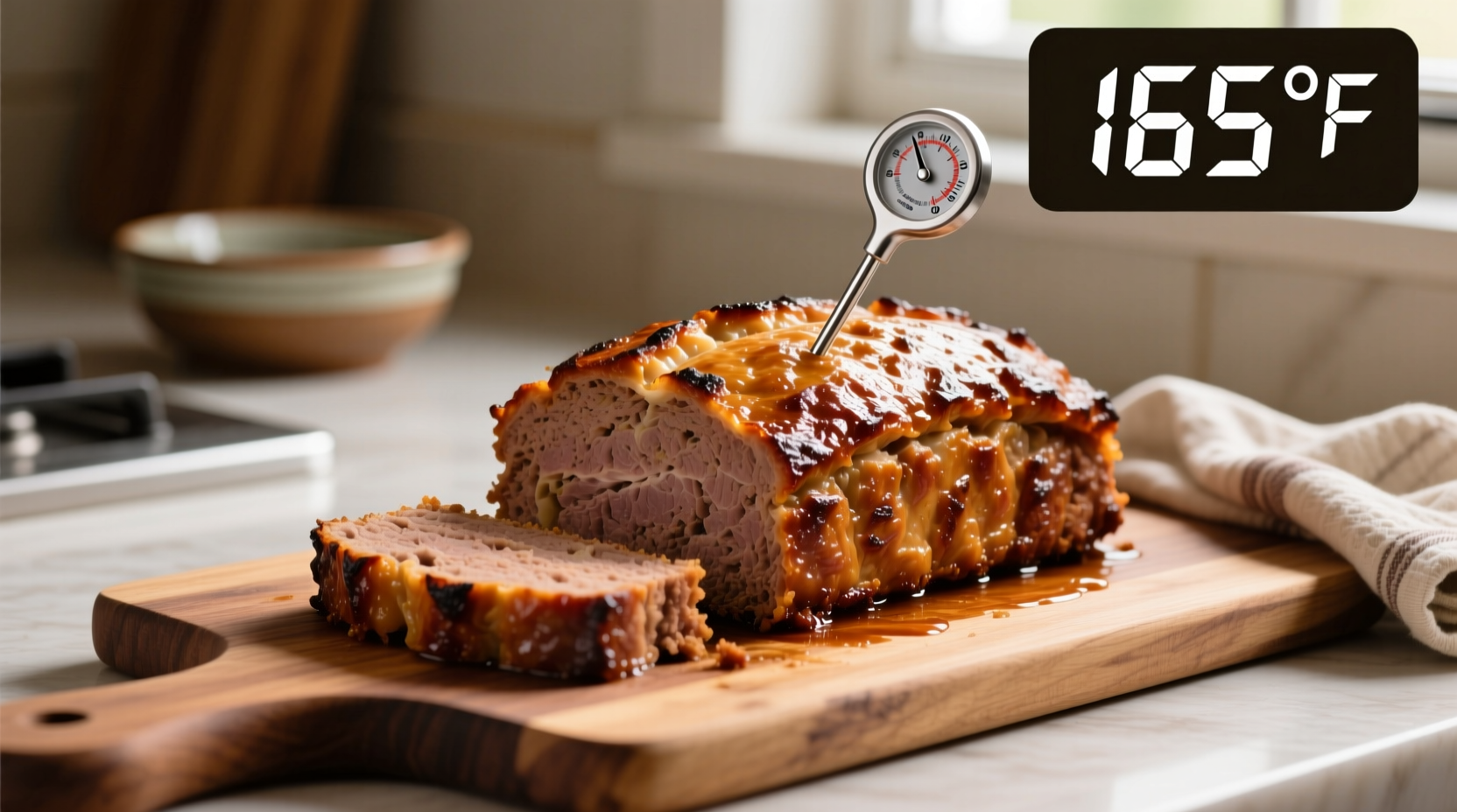 Perfectly cooked meatloaf with thermometer reading
