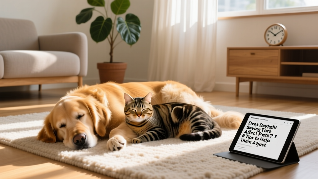 A golden retriever and tabby cat resting side by side on a sunlit living room rug, illustrating pets adapting to natural light cycles
