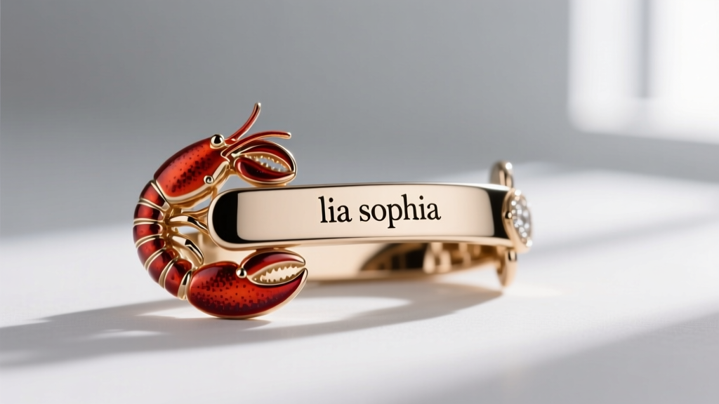 Extreme close-up of a custom Lia Sophia lobster clasp showing the lowercase brand hallmark stamped on the metal lever