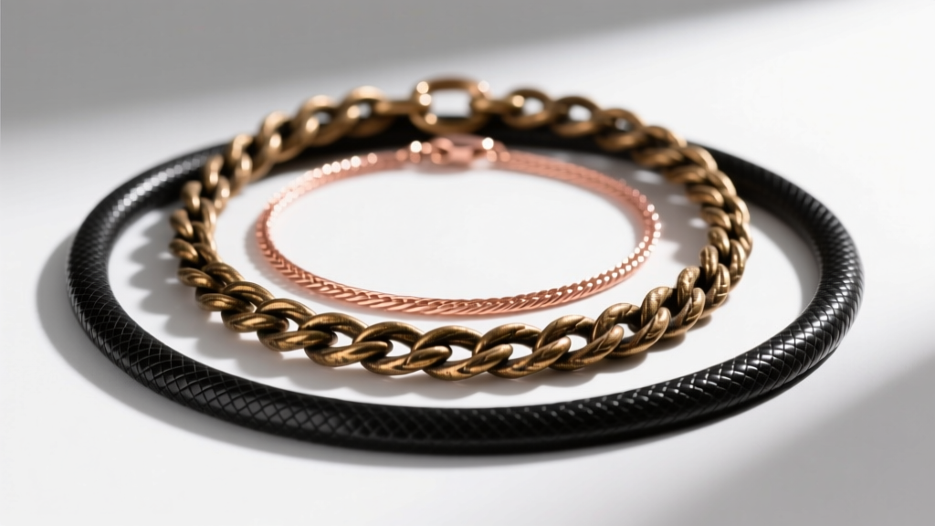 Macro shot of three layered necklaces: an oxidized brass rope chain, a rose gold cable chain, and a matte black snake chain.