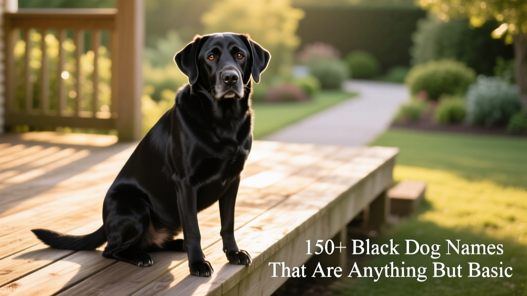 A confident black Labrador Retriever sitting calmly on a sunlit wooden deck
