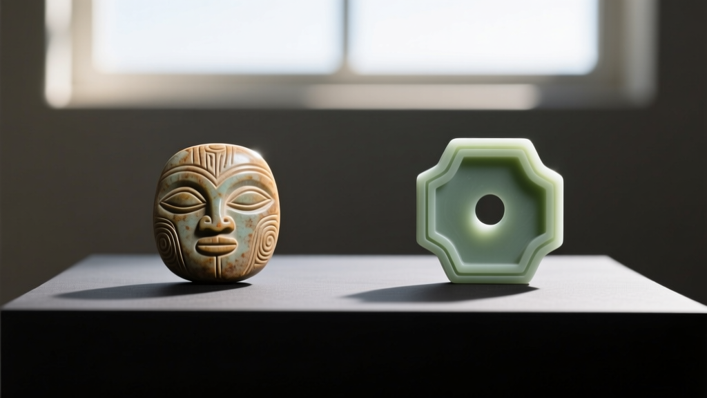 Side-by-side comparison of a historic steatite Chumash effigy bead and a modern mass-produced resin replica showing mold lines.