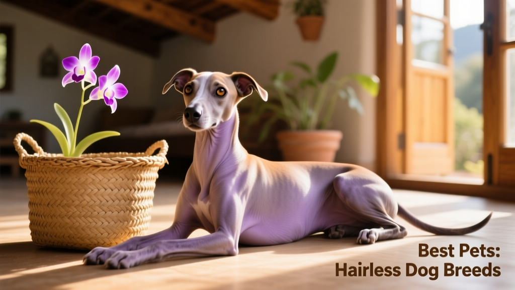 A calm Peruvian Inca Orchid lying beside a woven basket, highlighting its lean frame, smooth lavender-tinged skin, and gentle gaze