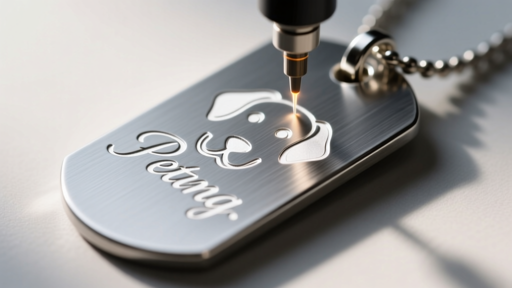 Macro shot of a fiber laser engraving lyrics onto a brushed titanium dog tag pendant, revealing high-contrast white text marks.