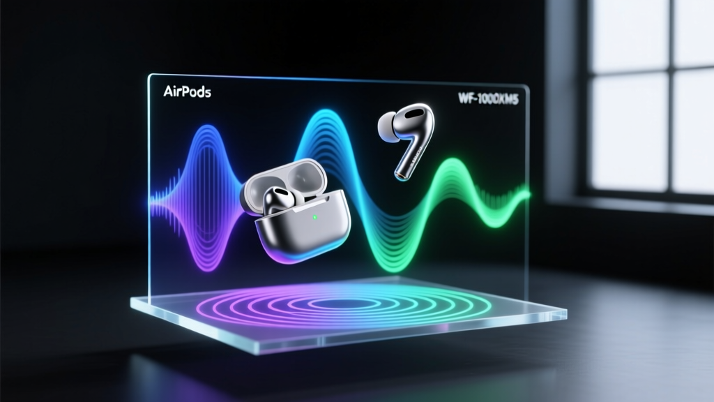 AirPods Pro and Sony WF-1000XM5 earbuds displaying spatial audio wave maps on a glowing transparent holographic screen in a dark room