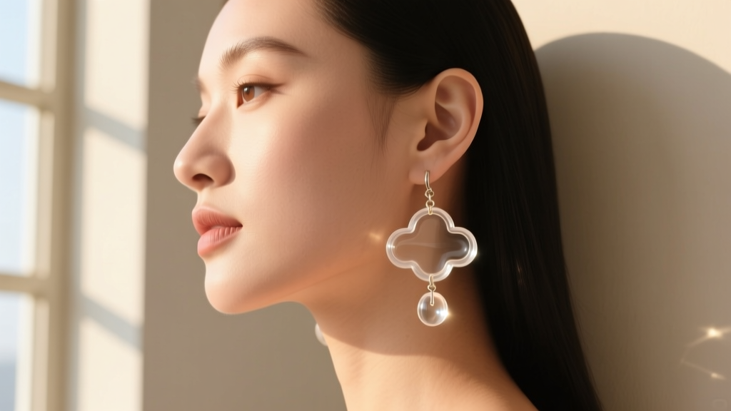 Side profile of a model wearing lightweight resin cloud drop earrings, showing how the hollow core prevents earlobe drooping.