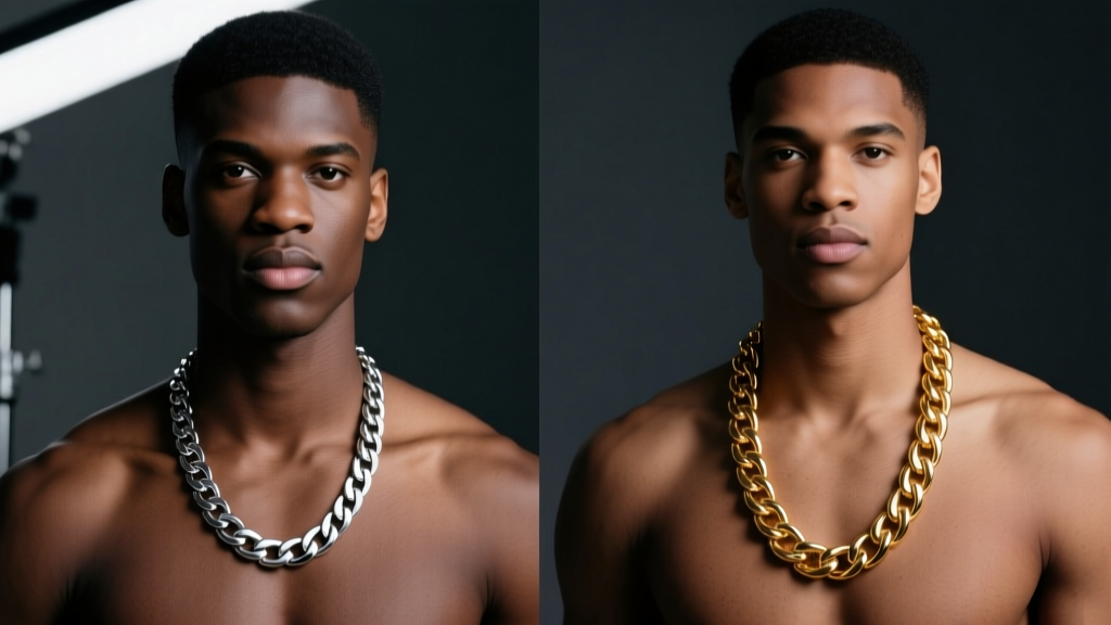 Side-by-side comparison of a man wearing an 18-inch silver chain and a 24-inch gold Cuban link against a dark studio backdrop