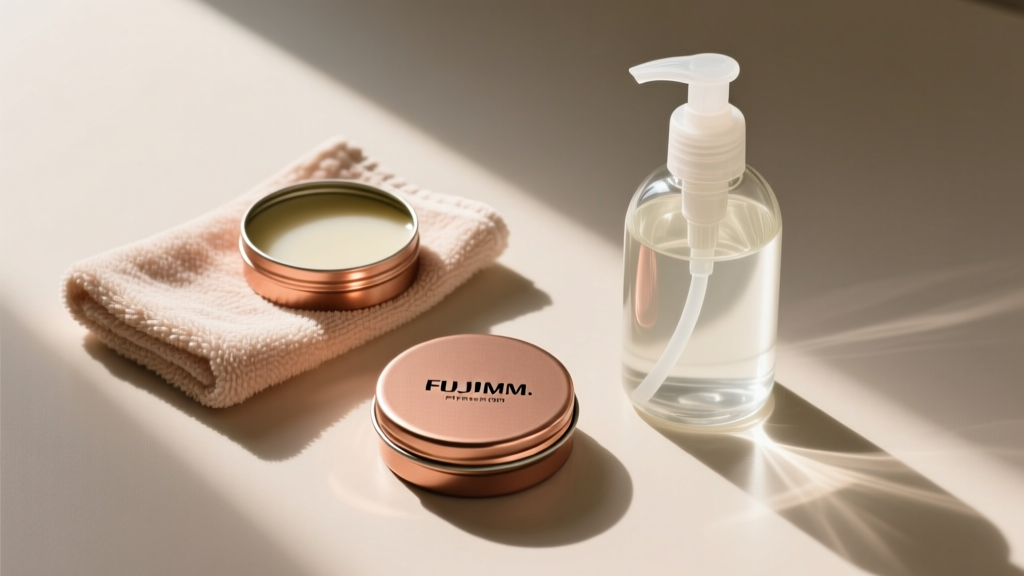 Top-down view of copper care items: a microfiber cloth, a tin of protective wax, and a bottle of mild pH-neutral liquid hand soap