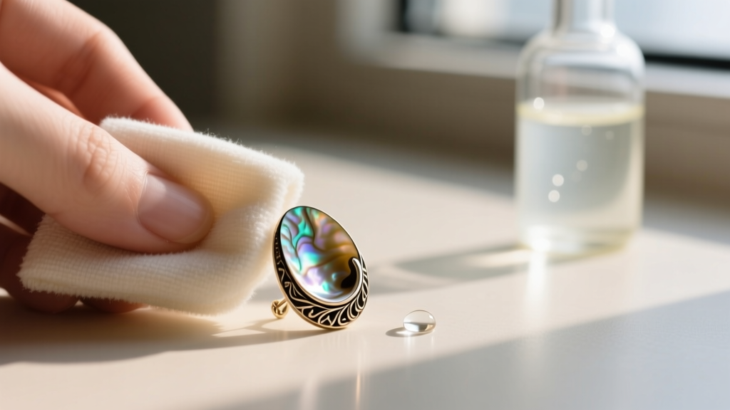 Soft microfiber cloth wiping a carved abalone shell earring, with distilled water and mild soap in the softly blurred background.