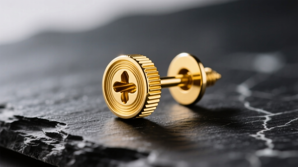 Macro photography of an 18k yellow gold screw back earring post with visible precision threading resting on a dark slate surface