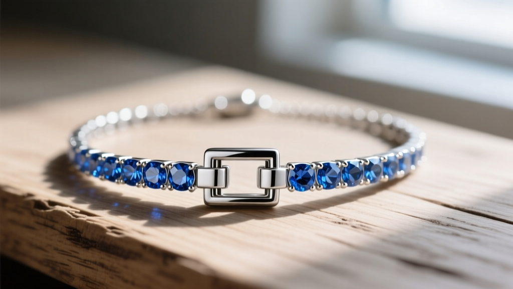 Close-up of a hidden box clasp with safety catches on a platinum sapphire riviera necklace resting on a wooden jeweler