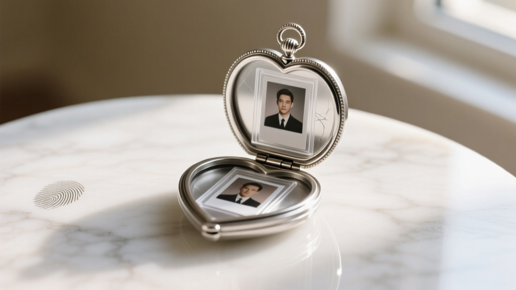 Open silver heart locket showing custom-cut photos secured by clear plastic insert sleeves resting on a white marble surface.