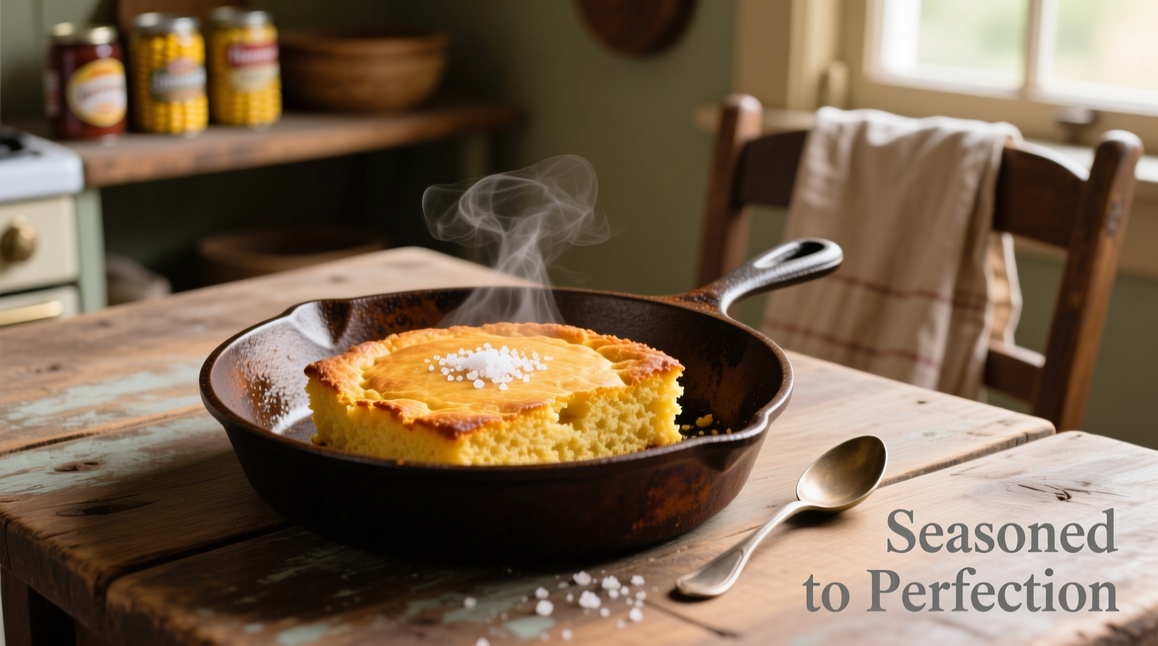 Perfectly seasoned cast iron skillet with golden cornbread