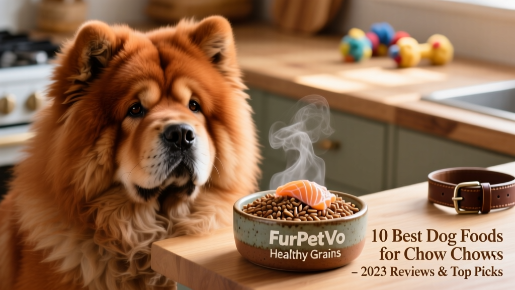 Close-up of a Chow Chow’s glossy, rust-colored coat next to a bowl of FurPetVo Healthy Grains dog food with visible salmon flakes and brown rice