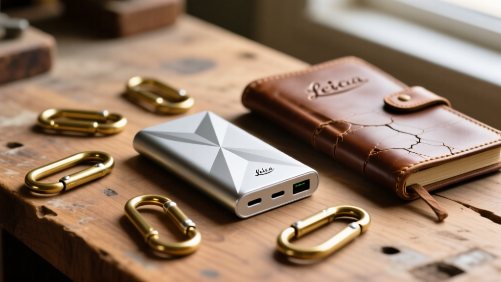 A close-up of a recycled aluminum power bank resting on a wooden workbench, surrounded by brass carabiners and a leather notebook.