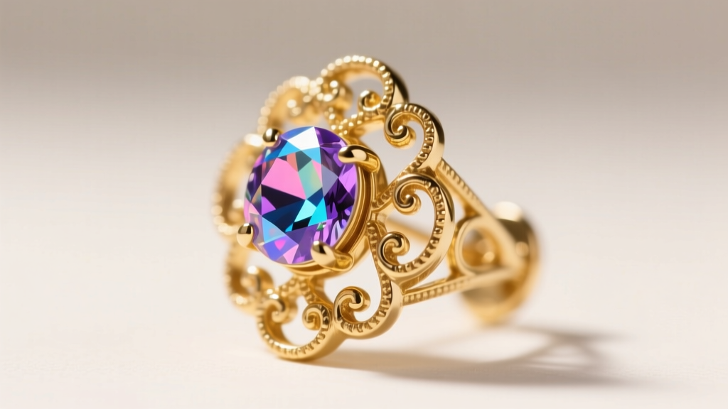Macro shot of a 1960s Trifari earring showing intricate gold gilt metal texture and a single prong-set AB glass rhinestone