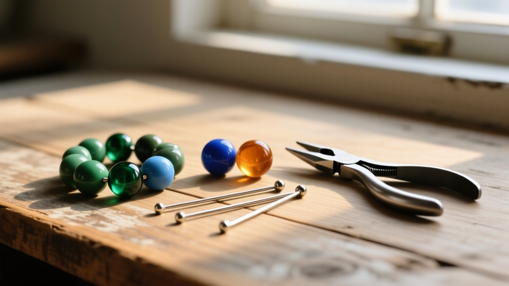 Baked polymer clay beads, titanium headpins, and pliers neatly arranged on a wooden desk illuminated by soft, warm natural light.