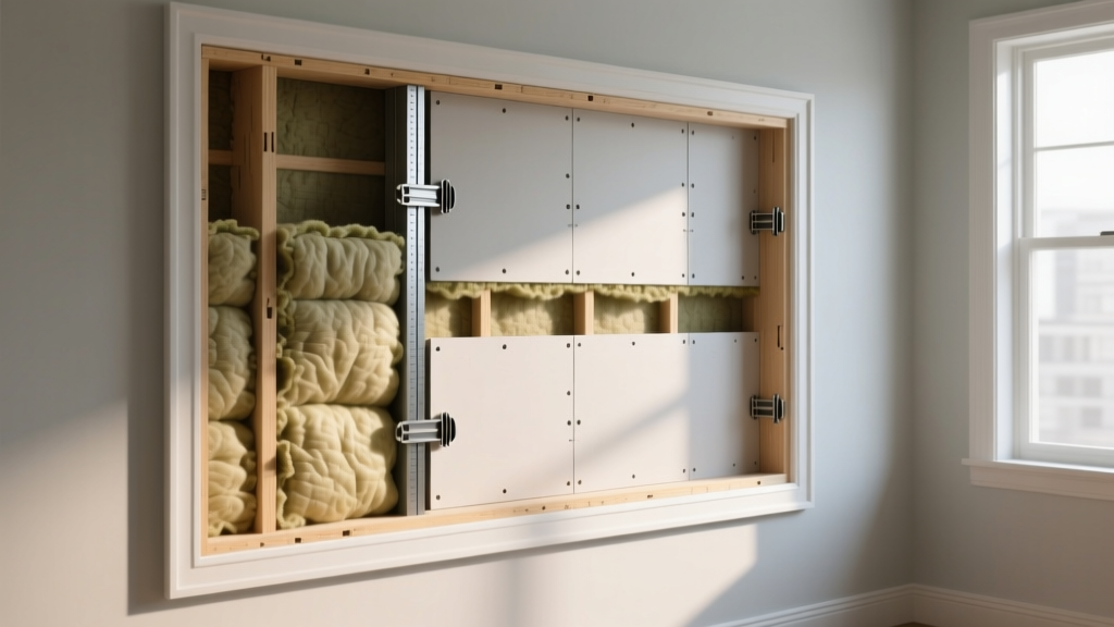 Cross-section diagram of a framed interior wall showing mineral wool batts, resilient channels, and dual layers of drywall