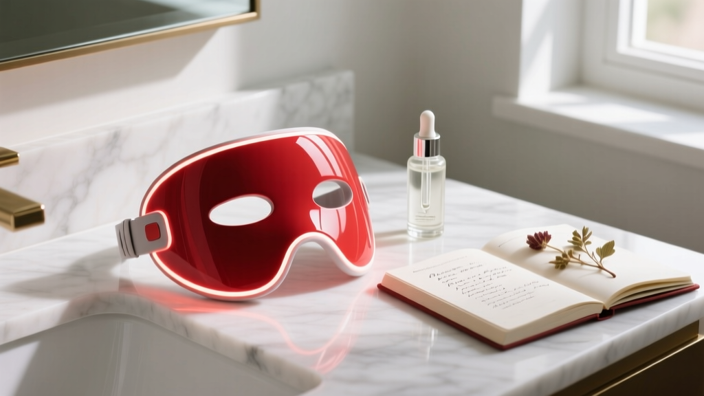 Close-up of flexible red LED light therapy mask resting on a marble vanity next to a serum dropper bottle and open skincare journal