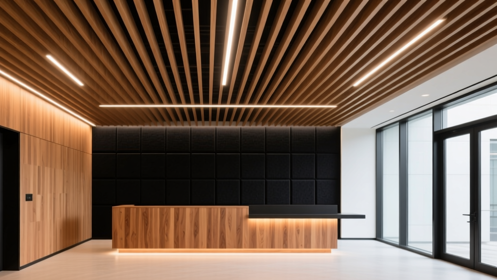 Warm oak wood slat ceiling baffles in a modern lobby with LED uplighting highlighting the grain and black acoustic felt backing.