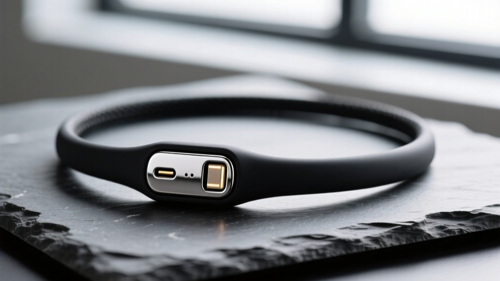 Macro shot of a matte-black haptic pendant necklace on slate, showing metallic charging contacts and a smooth silicone bezel edge