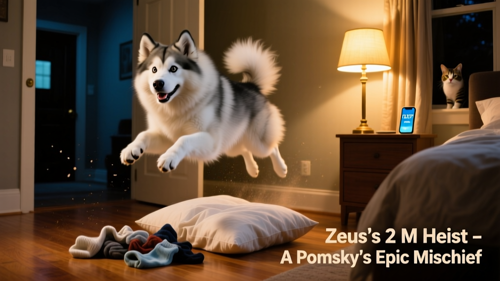 Zeus the Pomsky mid-pounce, eyes wide and paws in the air, captured in a playful nighttime moment