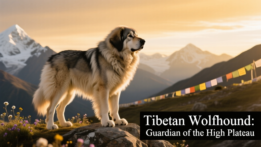 A majestic adult Tibetan Wolfhound standing confidently outdoors, showcasing its large size, thick double coat, and dignified posture