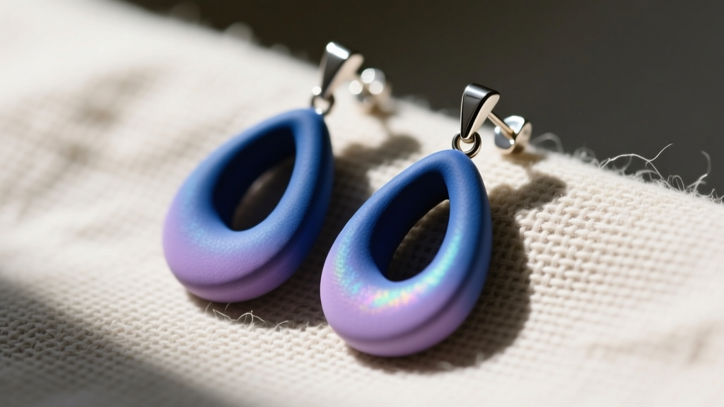 Macro shot of finished matte polymer clay teardrop earrings with titanium posts resting on textured raw linen fabric