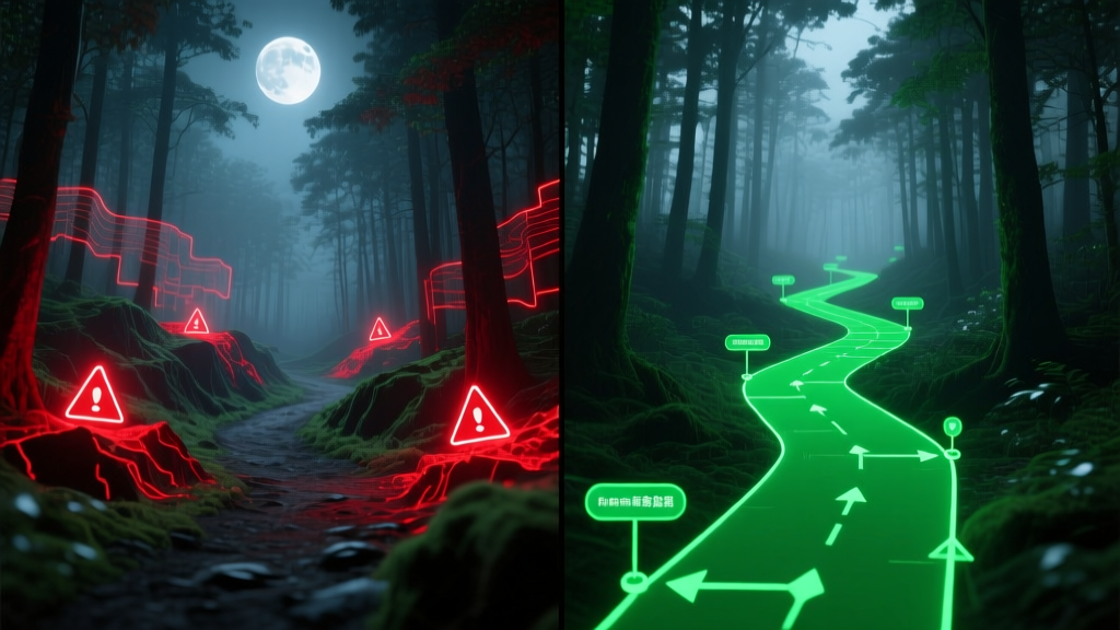 Split-screen diagram showing AR spatial mapping of a dark forest trail, highlighting a red hazard zone and a green safe extraction path.