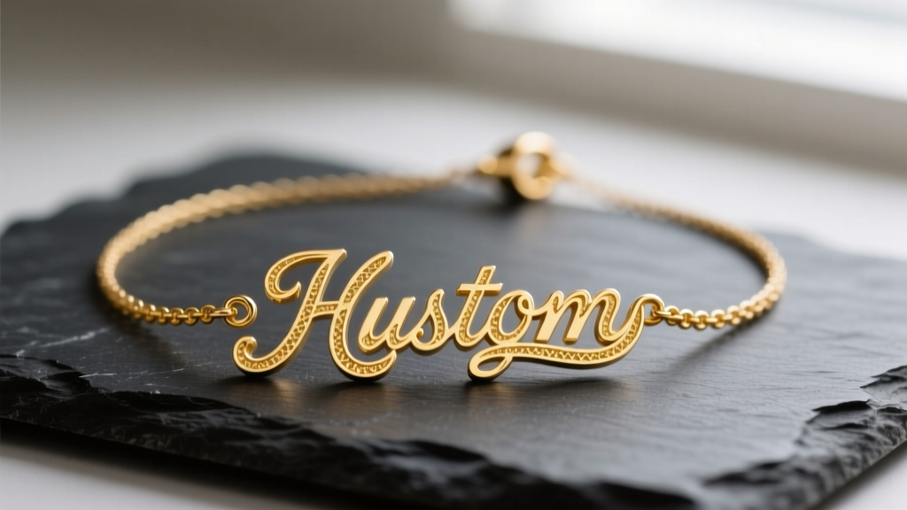 Close-up of a 14k yellow gold custom script word necklace on dark slate, highlighting laser-cut edges and an integrated bail.