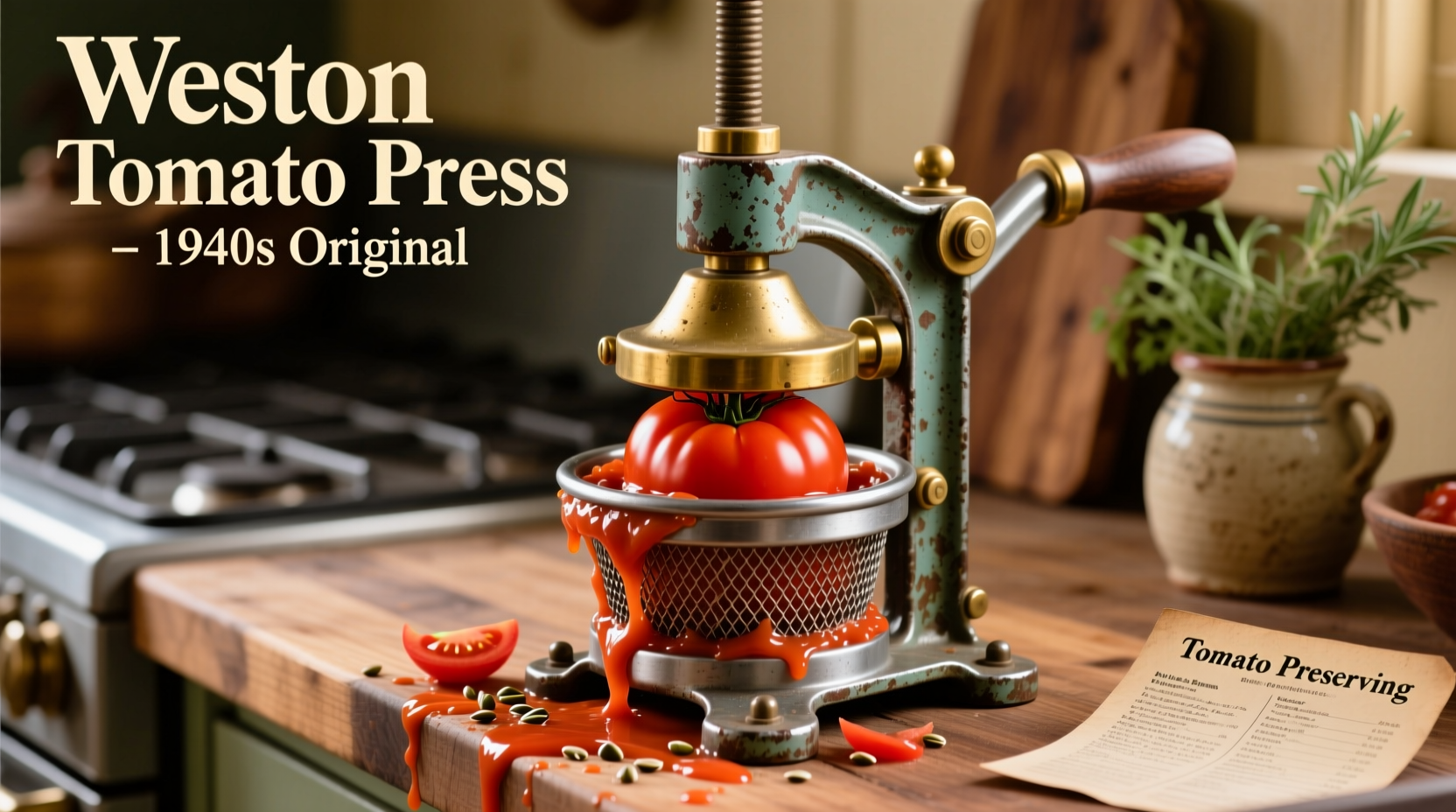 Weston tomato press in use with fresh tomatoes