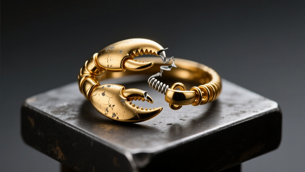 Macro shot of a broken 14k gold lobster clasp with a loose spring on a dark steel jeweler bench block under warm studio lighting.