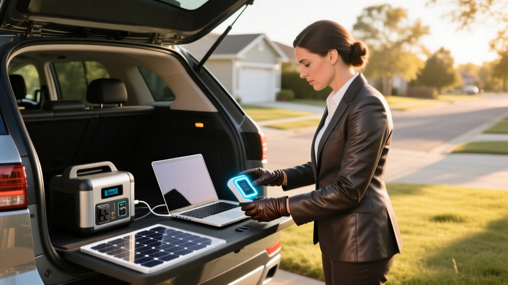 Mobile notary at an SUV tailgate using a solar generator to power a laptop and a digital biometric notary gadget scanner.