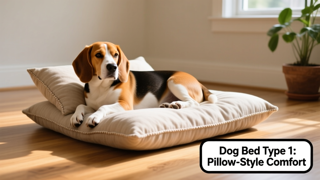 A beagle relaxing on a simple, tufted pillow bed placed on hardwood flooring