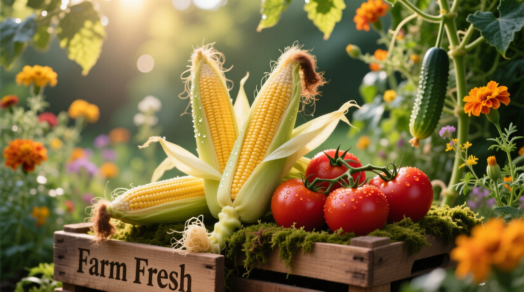 Corn and tomatoes in a vibrant garden setting