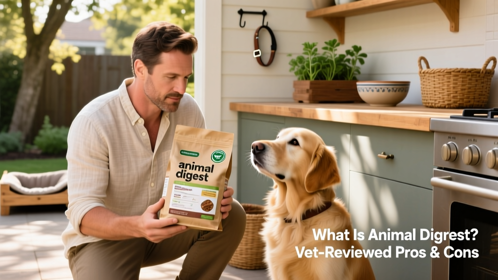 man checking dog food label